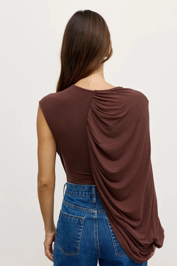 Birdie Bodysuit Chocolate by Bayse – asymmetric draped bodysuit with gathered detailing and sculpted silhouette.