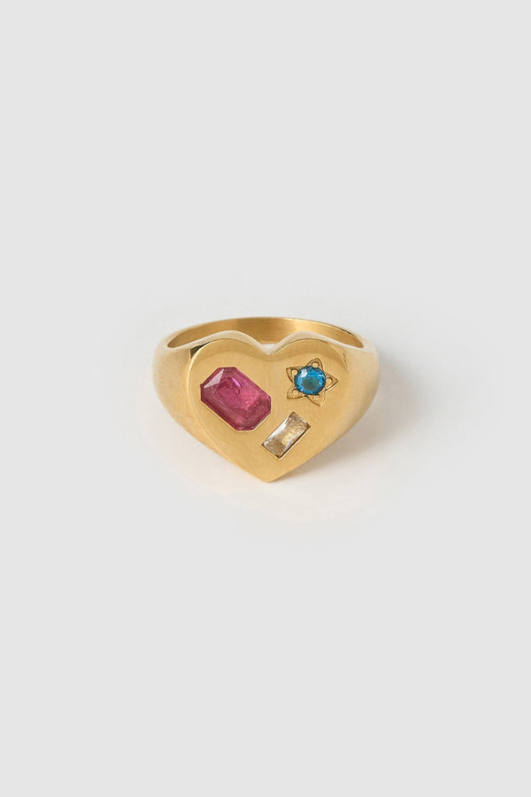Bisou Heart Ring by Arms of Eve, a 14k gold PVD heart signet ring with cubic zirconia detailing.