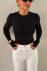 Black Yianni Layered Long Sleeve Top with a fitted silhouette and subtle layered detailing on the sleeves.