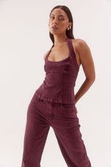 Blaine Denim Bodice Vino by Sovere, halter neck cotton blend denim top with scoop neckline and tailored fit.
