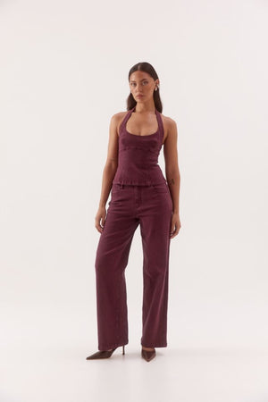 Blaine Denim Bodice Vino by Sovere, halter neck cotton blend denim top with scoop neckline and tailored fit.