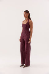 Blaine Denim Bodice Vino by Sovere, halter neck cotton blend denim top with scoop neckline and tailored fit.