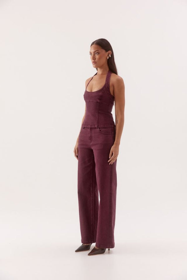 Blaine Denim Bodice Vino by Sovere, halter neck cotton blend denim top with scoop neckline and tailored fit.