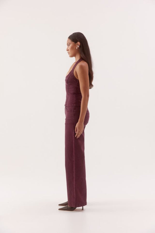 Blaine Denim Bodice Vino by Sovere, halter neck cotton blend denim top with scoop neckline and tailored fit.