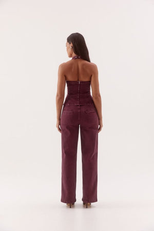 Blaine Denim Bodice Vino by Sovere, halter neck cotton blend denim top with scoop neckline and tailored fit.