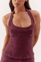 Blaine Denim Bodice Vino by Sovere, halter neck cotton blend denim top with scoop neckline and tailored fit.