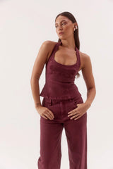 Blaine Denim Bodice Vino by Sovere, halter neck cotton blend denim top with scoop neckline and tailored fit.