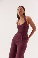 Blaine Denim Bodice Vino by Sovere, halter neck cotton blend denim top with scoop neckline and tailored fit.