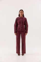 Blaine Denim Jacket Vino by Sovere, fitted cotton blend denim jacket with concealed buttons and flap pockets.