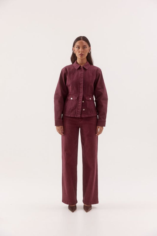 Blaine Denim Jacket Vino by Sovere, fitted cotton blend denim jacket with concealed buttons and flap pockets.