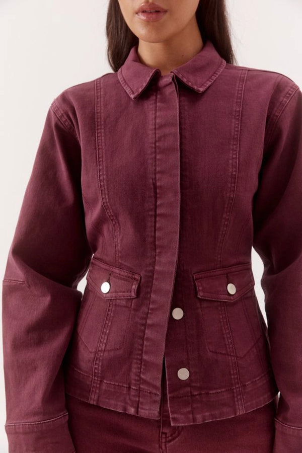 Blaine Denim Jacket Vino by Sovere, fitted cotton blend denim jacket with concealed buttons and flap pockets.