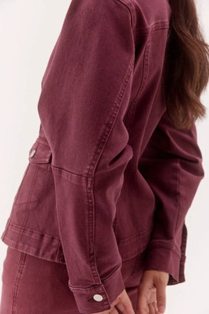 Blaine Denim Jacket Vino by Sovere, fitted cotton blend denim jacket with concealed buttons and flap pockets.