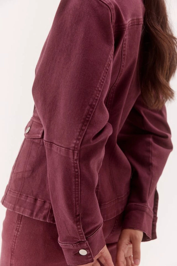Blaine Denim Jacket Vino by Sovere, fitted cotton blend denim jacket with concealed buttons and flap pockets.
