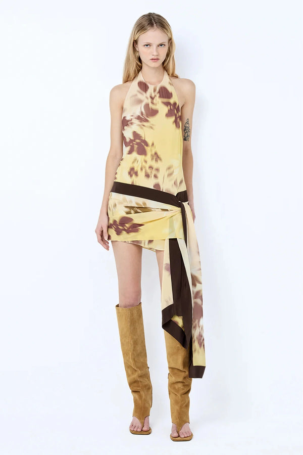 Blaise Halter Mini Dress by Bec and Bridge in Palmera Floral, featuring a low back, layered skirt, and round halter neckline. Perfect for events.

