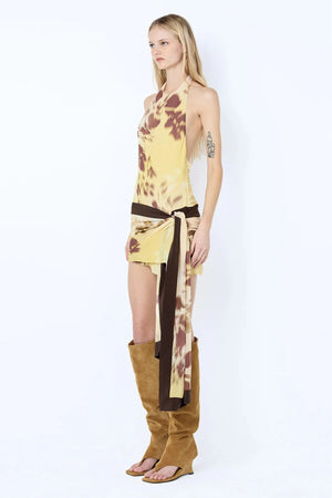 Blaise Halter Mini Dress by Bec and Bridge in Palmera Floral, featuring a low back, layered skirt, and round halter neckline. Perfect for events.
