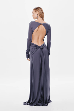 Blake Jersey Long Sleeve Dress Shark by MISHA – a maxi with open back and draped sash. Perfect for sleek evening styling.