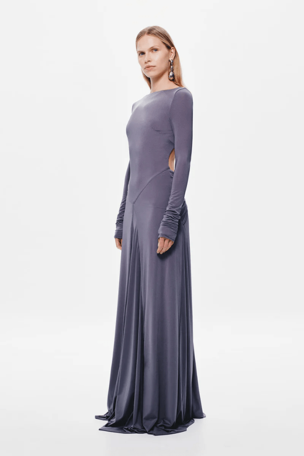 Blake Jersey Long Sleeve Dress Shark by MISHA – a maxi with open back and draped sash. Perfect for sleek evening styling.