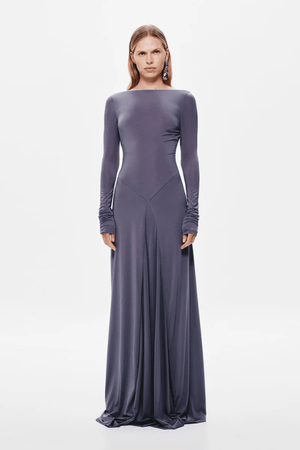 Blake Jersey Long Sleeve Dress Shark by MISHA – a maxi with open back and draped sash. Perfect for sleek evening styling.