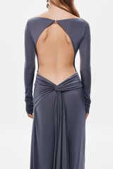 Blake Jersey Long Sleeve Dress Shark by MISHA – a maxi with open back and draped sash. Perfect for sleek evening styling.