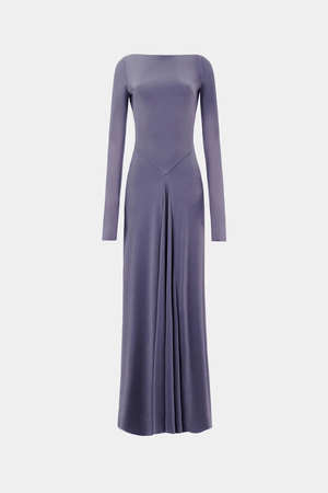 Blake Jersey Long Sleeve Dress Shark by MISHA – a maxi with open back and draped sash. Perfect for sleek evening styling.