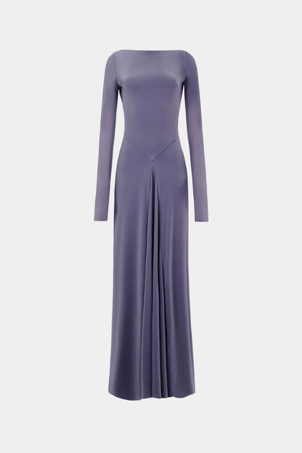 Blake Jersey Long Sleeve Dress Shark by MISHA – a maxi with open back and draped sash. Perfect for sleek evening styling.