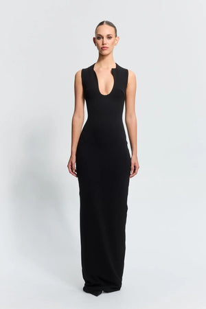 Bloom Gown Black by Effie Kats – sculpted neckline and fitted silhouette in stretch crepe, perfect for modern garden or evening events.