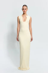 Bloom Gown in Lemon by Effie Kats – sculpted neckline and fitted silhouette in stretch crepe, perfect for modern garden or evening events.