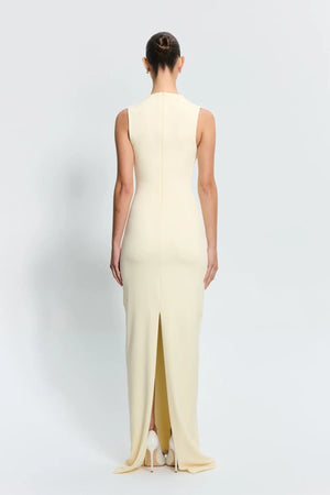 Bloom Gown in Lemon by Effie Kats – sculpted neckline and fitted silhouette in stretch crepe, perfect for modern garden or evening events.