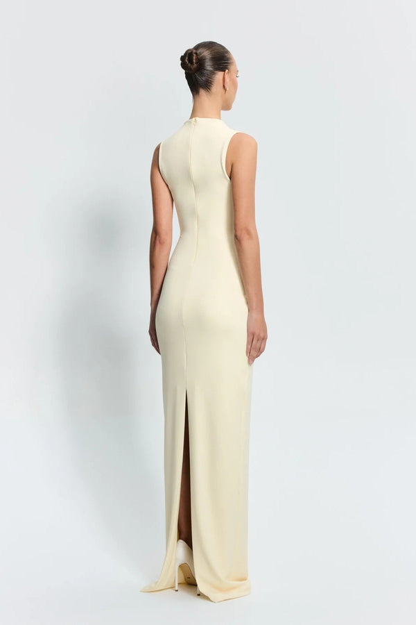 Bloom Gown in Lemon by Effie Kats – sculpted neckline and fitted silhouette in stretch crepe, perfect for modern garden or evening events.