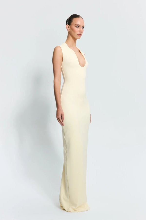 Bloom Gown in Lemon by Effie Kats – sculpted neckline and fitted silhouette in stretch crepe, perfect for modern garden or evening events.