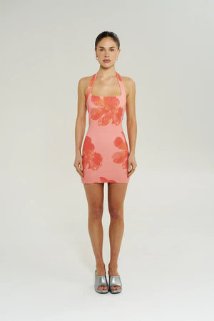 Bloom Mini Dress in Peach Petals by Summi Summi, a fitted halter mini dress with a soft floral print and stretchy cotton blend knit.