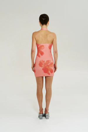 Bloom Mini Dress in Peach Petals by Summi Summi, a fitted halter mini dress with a soft floral print and stretchy cotton blend knit.