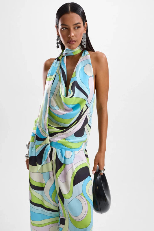 Blossom Halter Top by Cin Cin, Mars Blue cowl neck with scarf tie in retrofuturistic print. Perfect for elevated nights or styling with sets.
