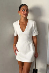 Bobbie V Neck Mini Dress White by Sneaky Link, a tailored mini with deep V neckline and sculpted fit, perfect for events or nights out.