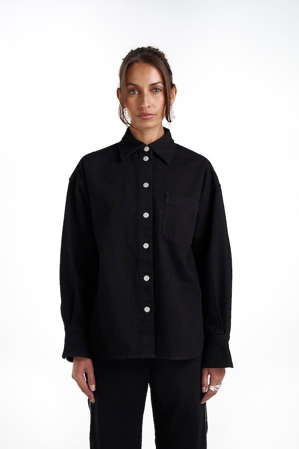 Boss Shirt Black Denim by Summi Summi – a cotton denim shirt with flared cuffs and silver hardware. Perfect for everyday styling.