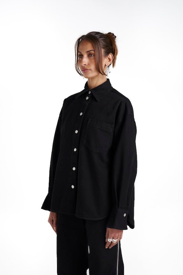Boss Shirt Black Denim by Summi Summi – a cotton denim shirt with flared cuffs and silver hardware. Perfect for everyday styling.