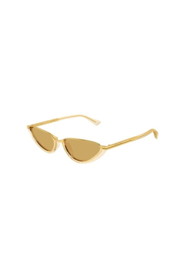 Bottega Veneta BV1346S003 yellow cat eye sunglasses with combi metal frame and brown lenses.
