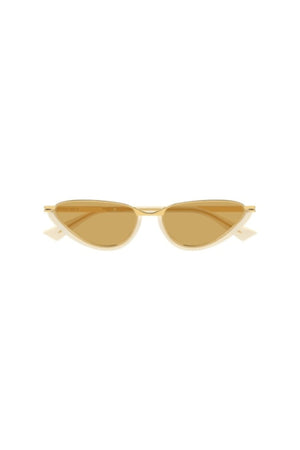 Bottega Veneta BV1346S003 yellow cat eye sunglasses with combi metal frame and brown lenses.
