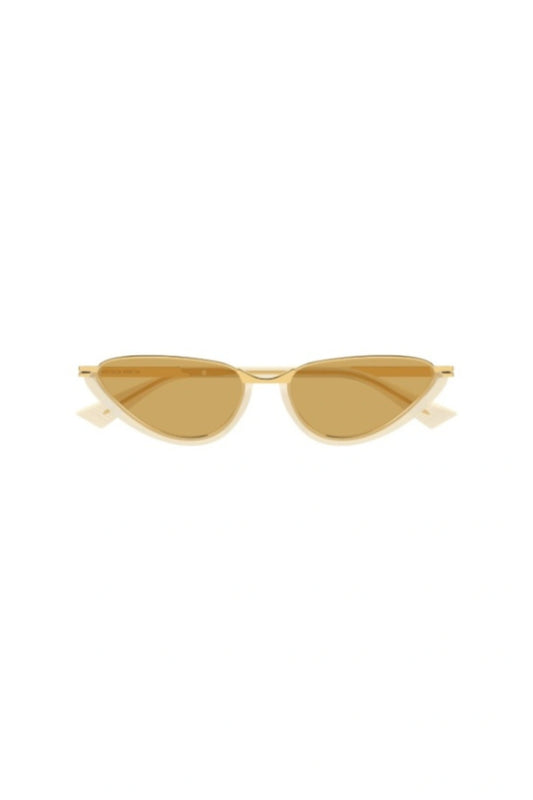 Bottega Veneta BV1346S003 yellow cat eye sunglasses with combi metal frame and brown lenses.
