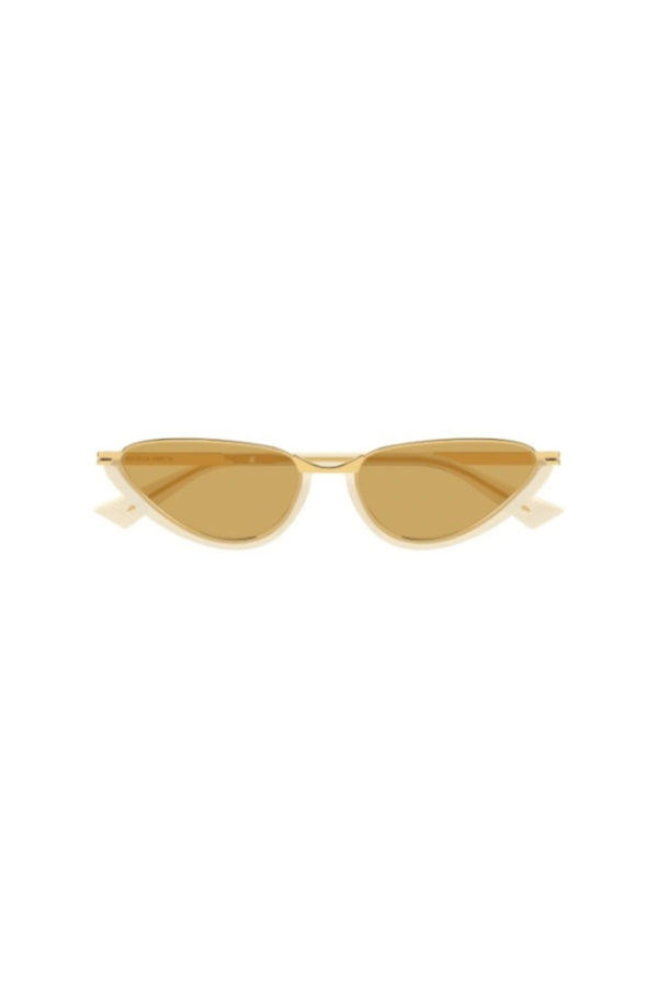Bottega Veneta BV1346S003 yellow cat eye sunglasses with combi metal frame and brown lenses.
