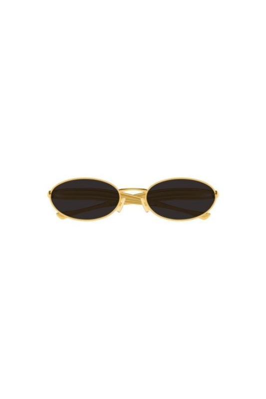 Bottega Veneta BV1386S sunglasses, oval gold frame with sardine-patterned temples and grey lenses. A playful yet chic statement piece.