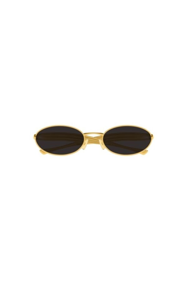 Bottega Veneta BV1386S sunglasses, oval gold frame with sardine-patterned temples and grey lenses. A playful yet chic statement piece.