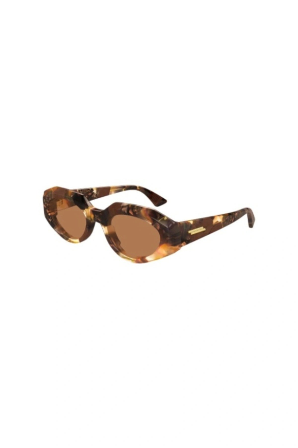 Bottega Veneta BV1392S sunglasses in multicolor round frame with brown lenses and gold-toned temple detail.
