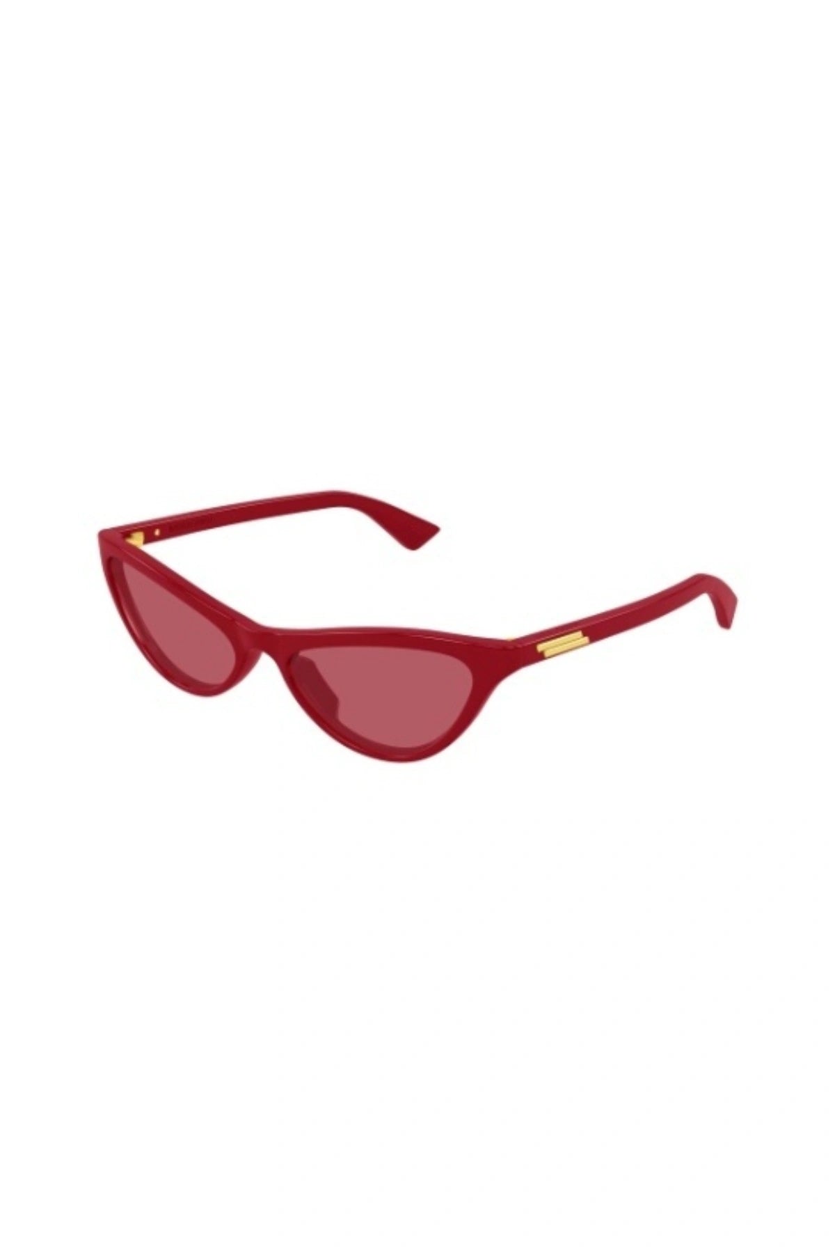 Bottega Veneta BV1414S cat-eye sunglasses in red acetate with slim temples and matching red lenses.

