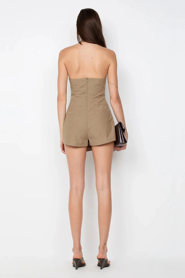 Bowen Playsuit by Bec + Bridge, olive suiting romper with knot strap and wrap skort. Perfect for elevated day-to-night dressing.