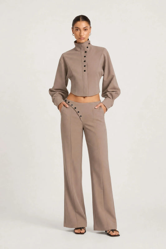 Braxton Saddle Pant Mushroom by Benni – slim tailored mid-rise pants with overlap front panel and split hem detail.