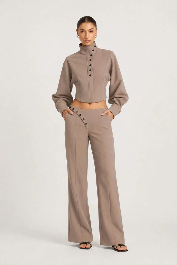 Braxton Saddle Pant Mushroom by Benni – slim tailored mid-rise pants with overlap front panel and split hem detail.