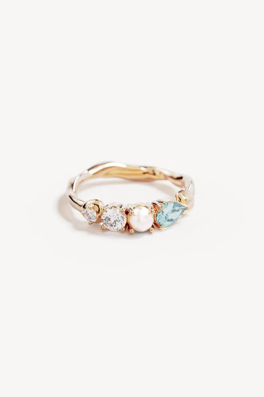 Breathe in Stillness Ring by By Charlotte – 18k gold vermeil ring with freshwater pearls and mint green gemstone accents.