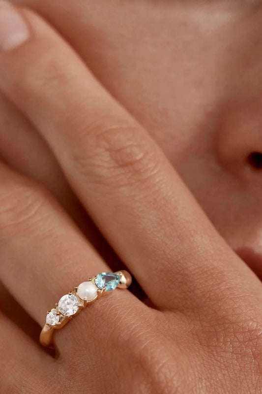 Breathe in Stillness Ring by By Charlotte – 18k gold vermeil ring with freshwater pearls and mint green gemstone accents.