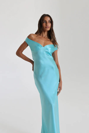 Bridget Gown Turquoise by Natalie Rolt, off-shoulder silk gown with gathered bust and fluid bias-cut drape for elegant events.